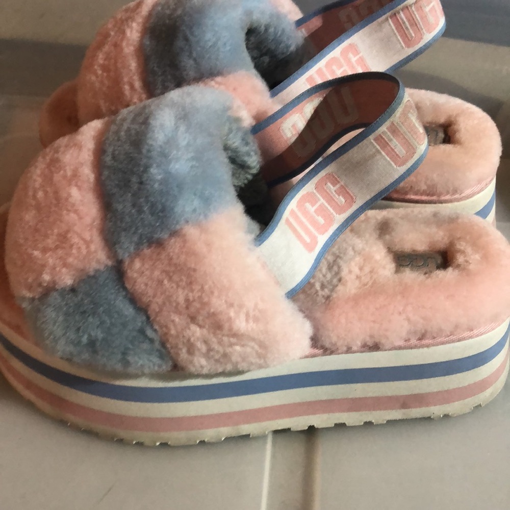 UGG Women's Disco Checker Slide pink and Blue Platform Slippers 1113490